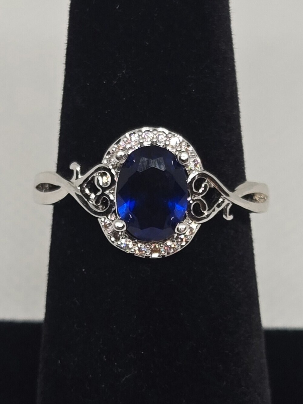 Blue Sapphire Color Halo Ring Silver Tone Filigree Statement Jewelry - Picture 8 of 13
